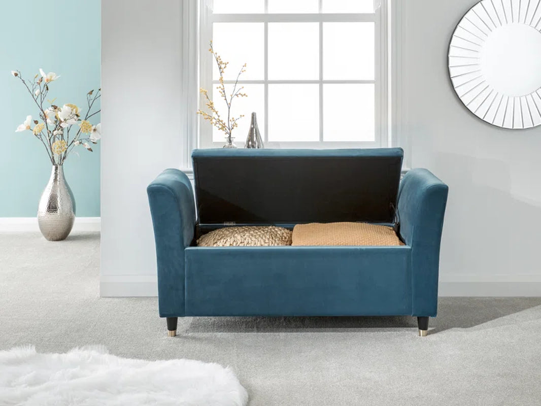 Teal Chenille Storage Bench with Arms, Upholstered Bedroom Seat with Flip-Top Storage