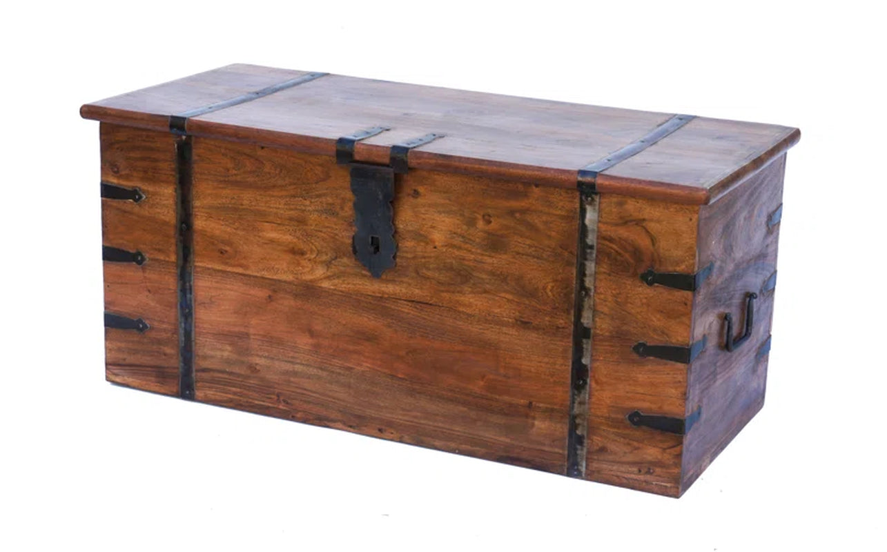 Solid Wood Chest Coffee Table with Storage, Rustic Acacia Trunk Design