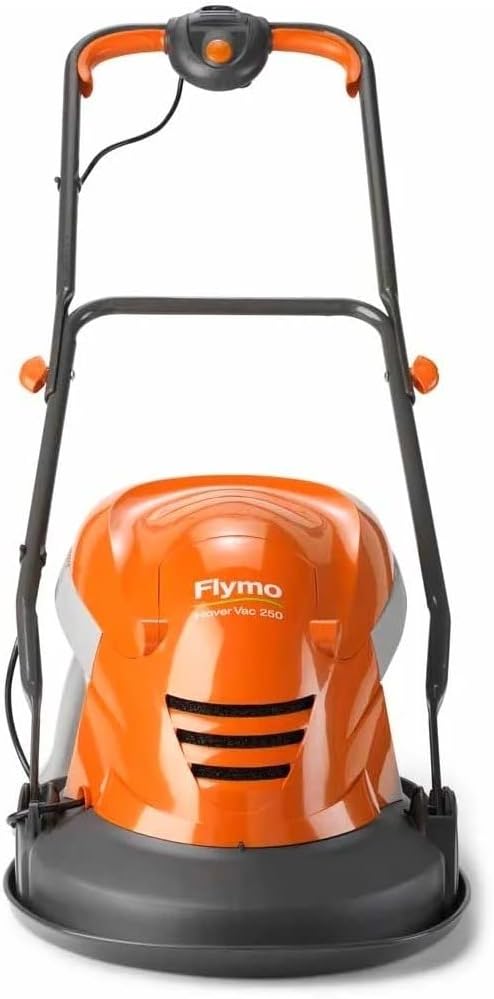 Flymo Hover Vac 250 Electric Hover Collect Lawn Mower - 1400W, 25cm Cutting Width, 15L Grass Box, Ambidextrous Handles, Folds Flat, Orange and Grey