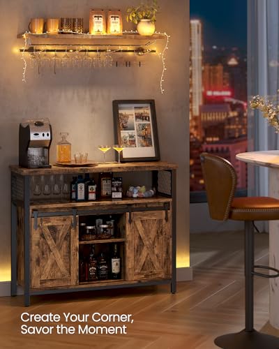 Sideboard with 2 Sliding Barn Doors, Adjustable Shelves, Kitchen & Living Room Cabinet, Rustic Brown & Black