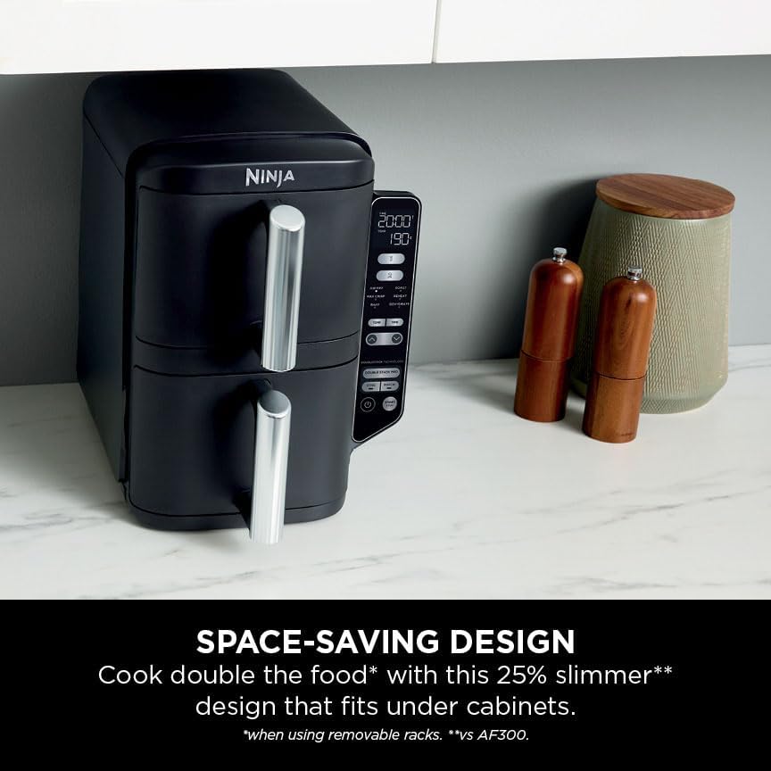 Ninja SL300UK Double Stack Air Fryer 7.6L – Dual Drawer, 6 Functions, Space Saving, Black