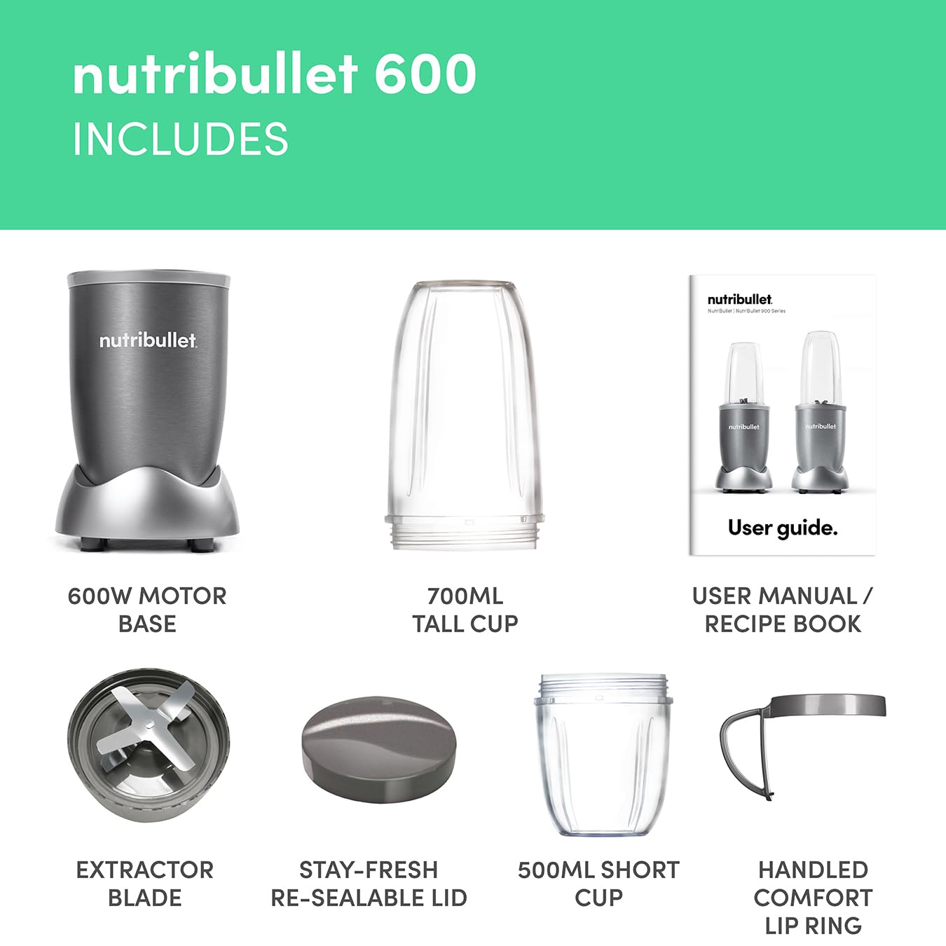 nutribullet Blender 600 Series - Powerful 20,000 RPM Extractor Blends Frozen Fruit, Nuts & Ice - 7 Piece Kit Includes Tall Cup, Short Cup, Handled Ring & Sealable Lid - Ideal for Smoothies