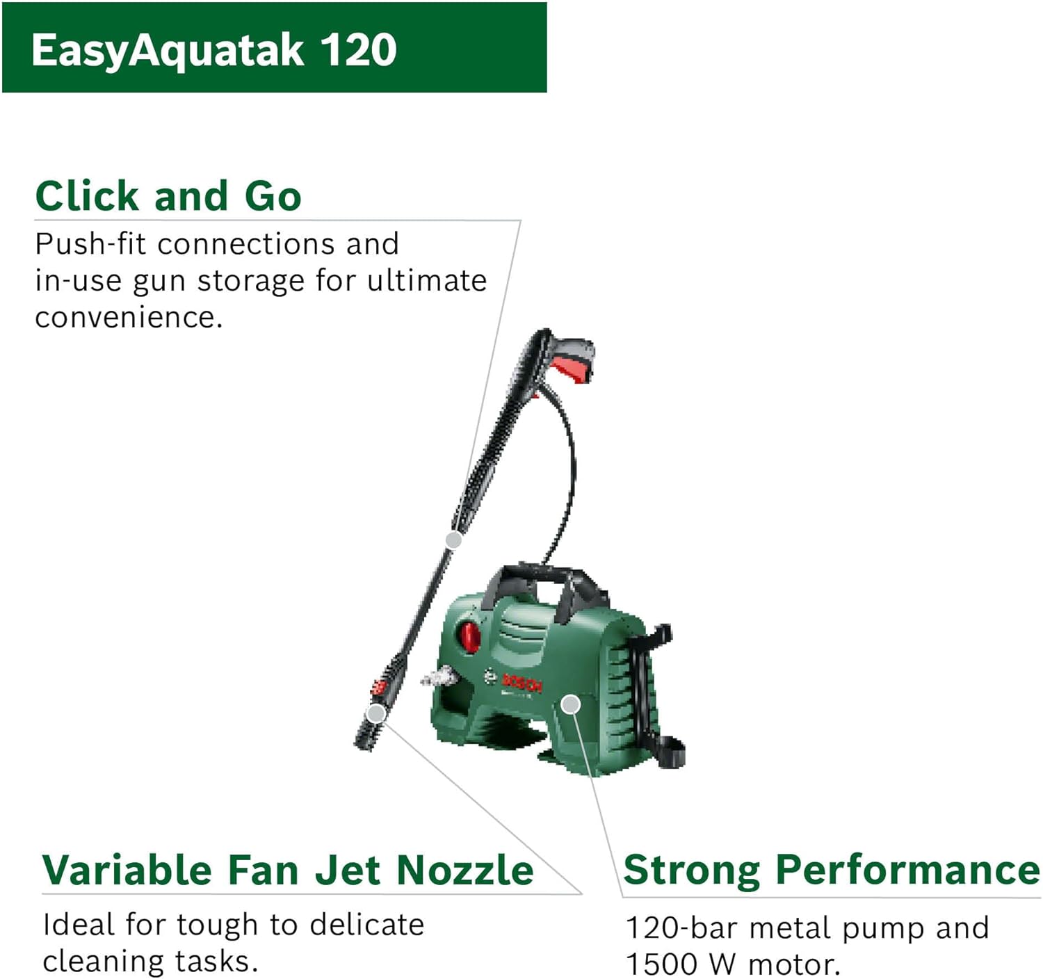 Bosch EasyAquatak 120 Pressure Washer 1500W – 120 Bar, 350 l/h, Home & Car Kit Included