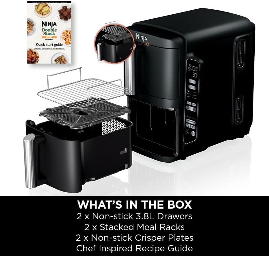 Ninja SL300UK Double Stack Air Fryer 7.6L – Dual Drawer, 6 Functions, Space Saving, Black
