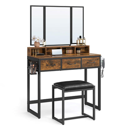 Dressing Table with Tri-Fold Mirror and Stool, 3 Drawers, Hair Dryer Holder, Industrial Rustic Brown & Black