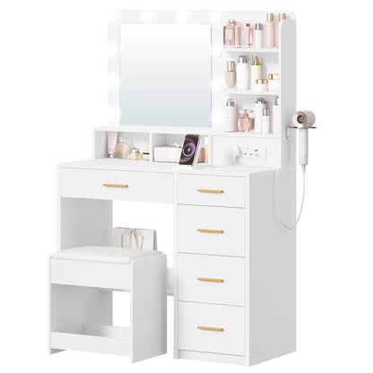 Dressing Table with Mirror & 3-Color LED Lights, 6 Storage Areas, Stool, White