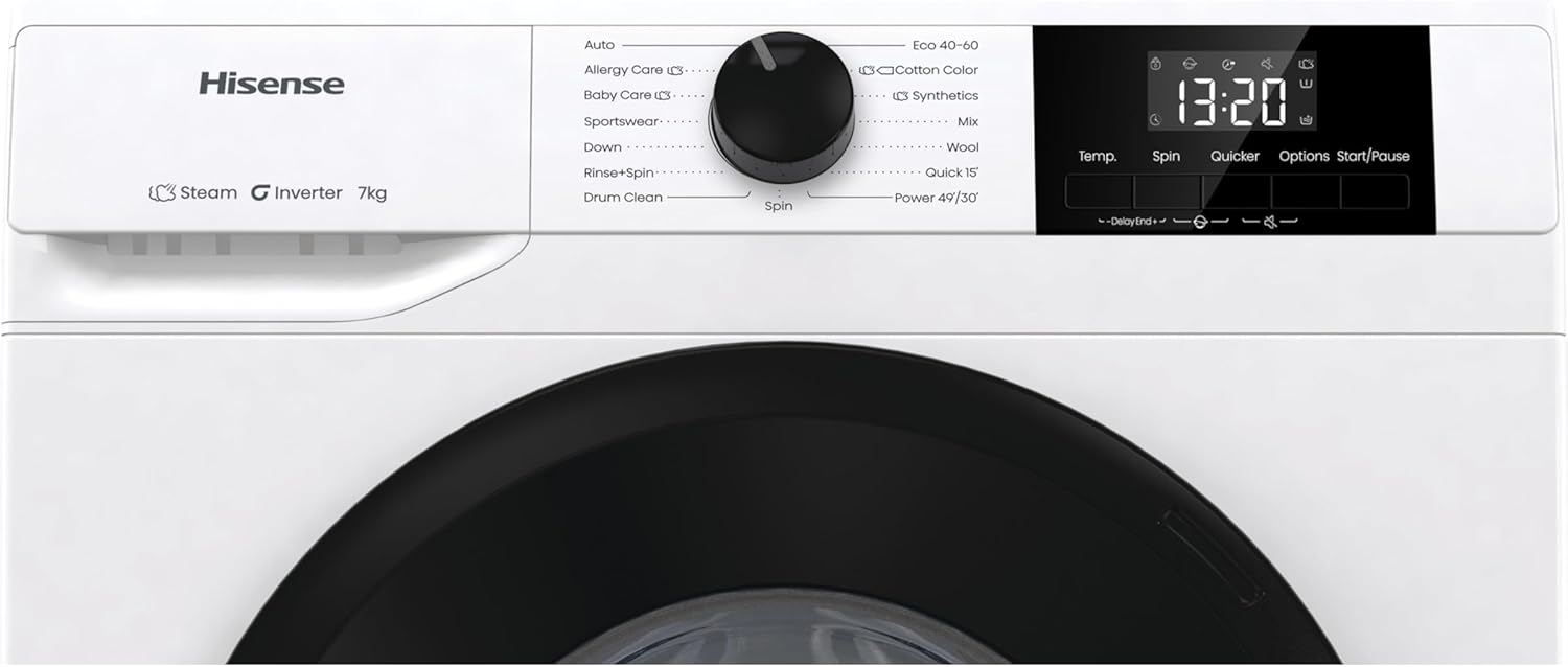 Hisense WF1G7021BW Freestanding 7 KG-Front Load Durable Inverter Washing Machine, Steam Wash-Quick Wash-15 Washing Programs-1200 RPM-White-Energy Rating B [Energy Class B]