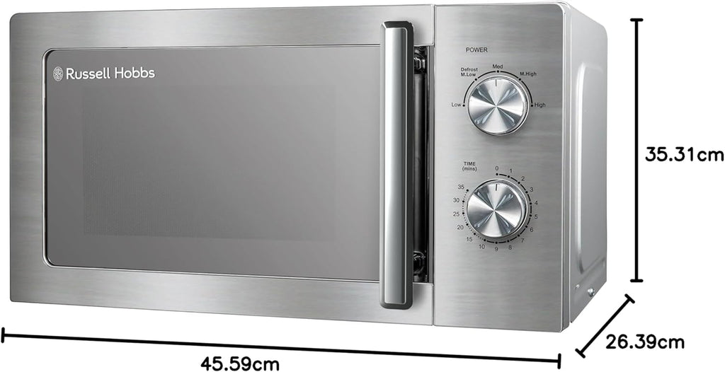 Russell Hobbs Stainless Steel Microwave 20 Litre 800W Solo Manual with 5 Power Levels, Defrost Function & Easy Clean, 35 Minute Timer, RHMM827SS