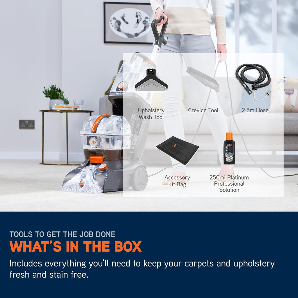 Vax Rapid Power Revive Carpet Cleaner Machine, Rug, Upholstery, Car, Stair Upright Shampooer Washer, Handheld Spot Cleaning Wash Tool, Solution, 1200W, Grey/Orange, CWGRV011
