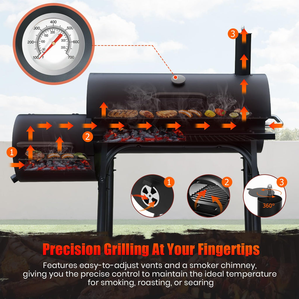 Charcoal BBQ Grill With Offset Smoker: Large Oil Drum Barbecue Barrel Grill For Outdoor Garden