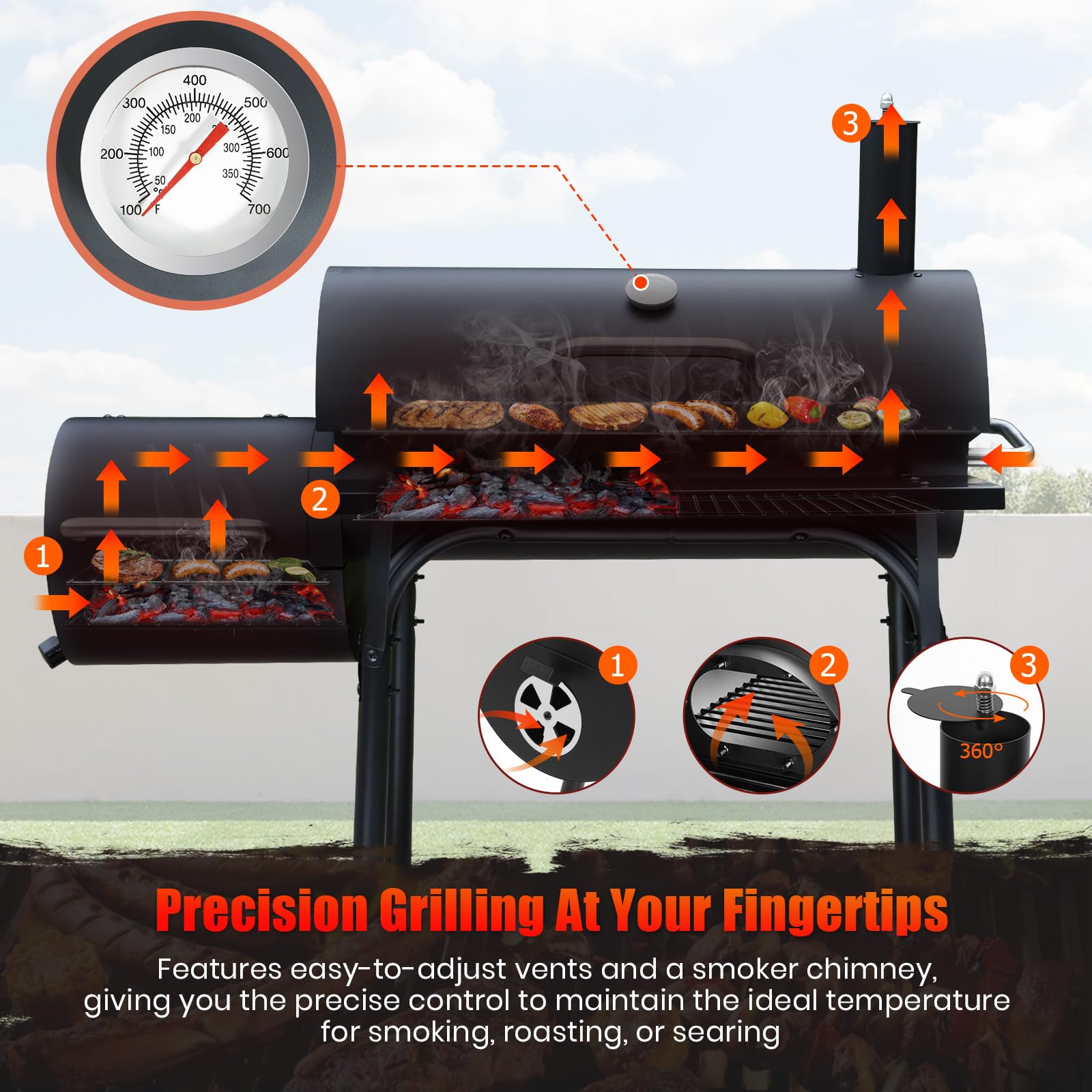 Charcoal BBQ Grill With Offset Smoker: Large Oil Drum Barbecue Barrel Grill For Outdoor Garden