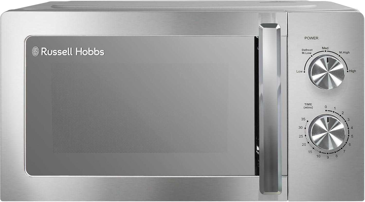 Russell Hobbs Stainless Steel Microwave 20 Litre 800W Solo Manual with 5 Power Levels, Defrost Function & Easy Clean, 35 Minute Timer, RHMM827SS