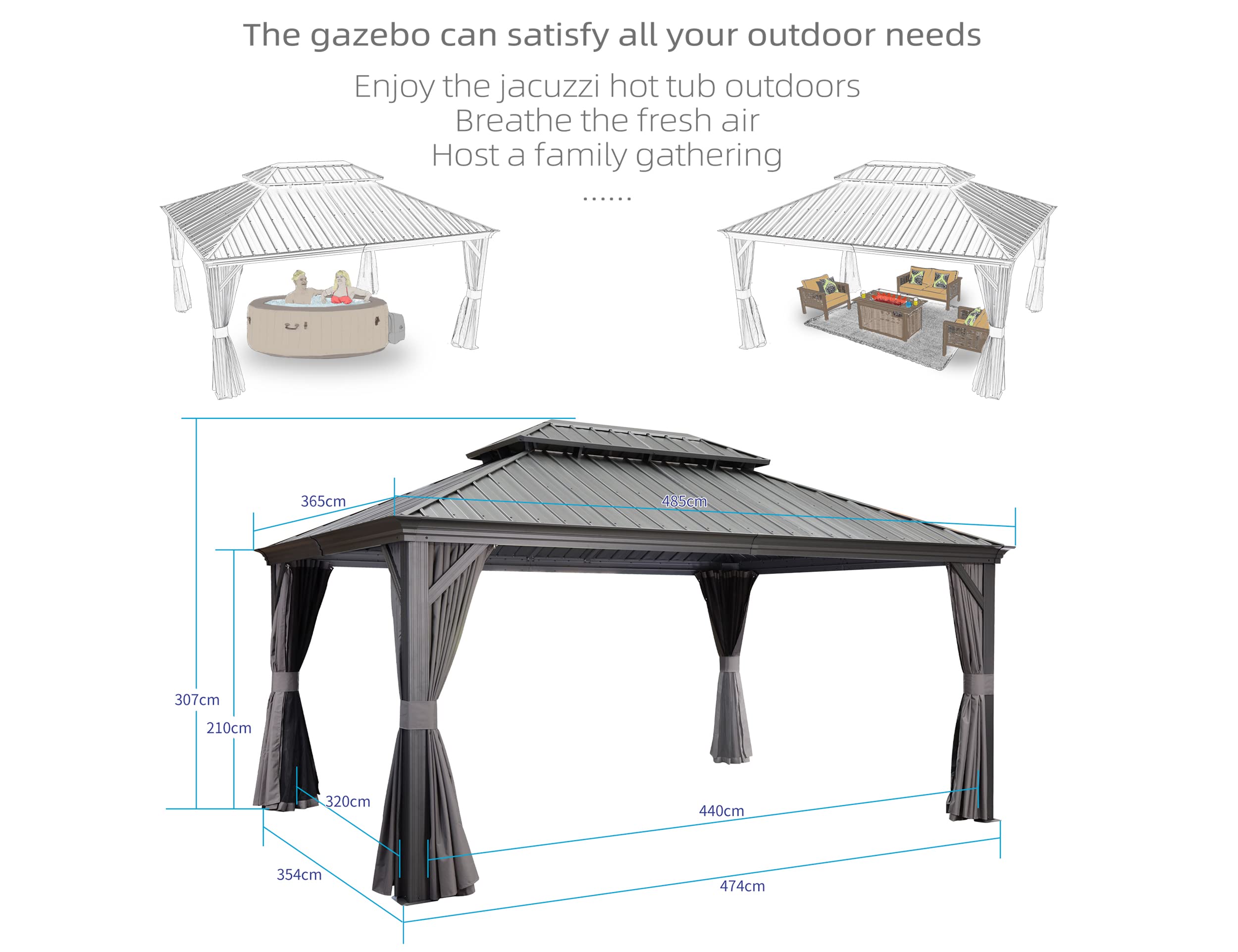 PURPLE LEAF 3.65 x 4.85m Large Hardtop Gazebo with Galvanised Steel Double Roof, Permanent Aluminium Garden Gazebo with Curtains & Netting for Patio, Lawn or Deck, Grey