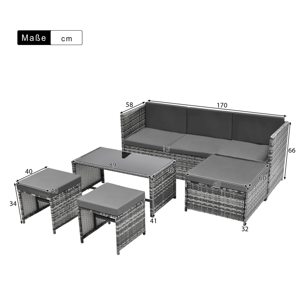 BTM 6 Seater Garden Furniture Set, PE Ratten Garden Sofa Set, Lounge Set with an Adjustable Seat for Lying & Tee Table & Cushions & Ottomans