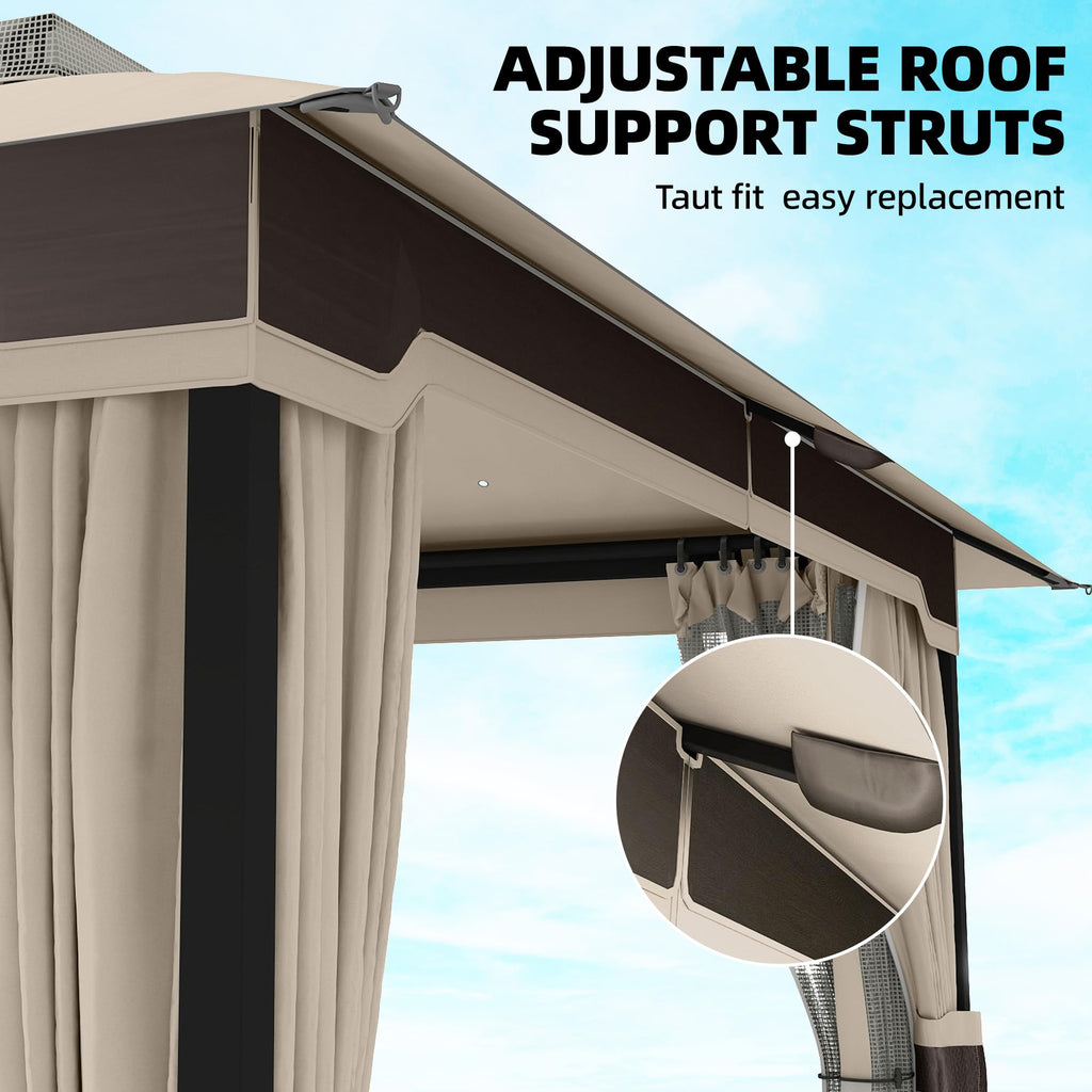 Outsunny 3 x 3.6 m Outdoor Garden Gazebo with Netting and Curtains, Double Roof Patio Gazebo Permanent Pavilion Canopy Shelter with Metal Frame, Drainage Holes, Khaki