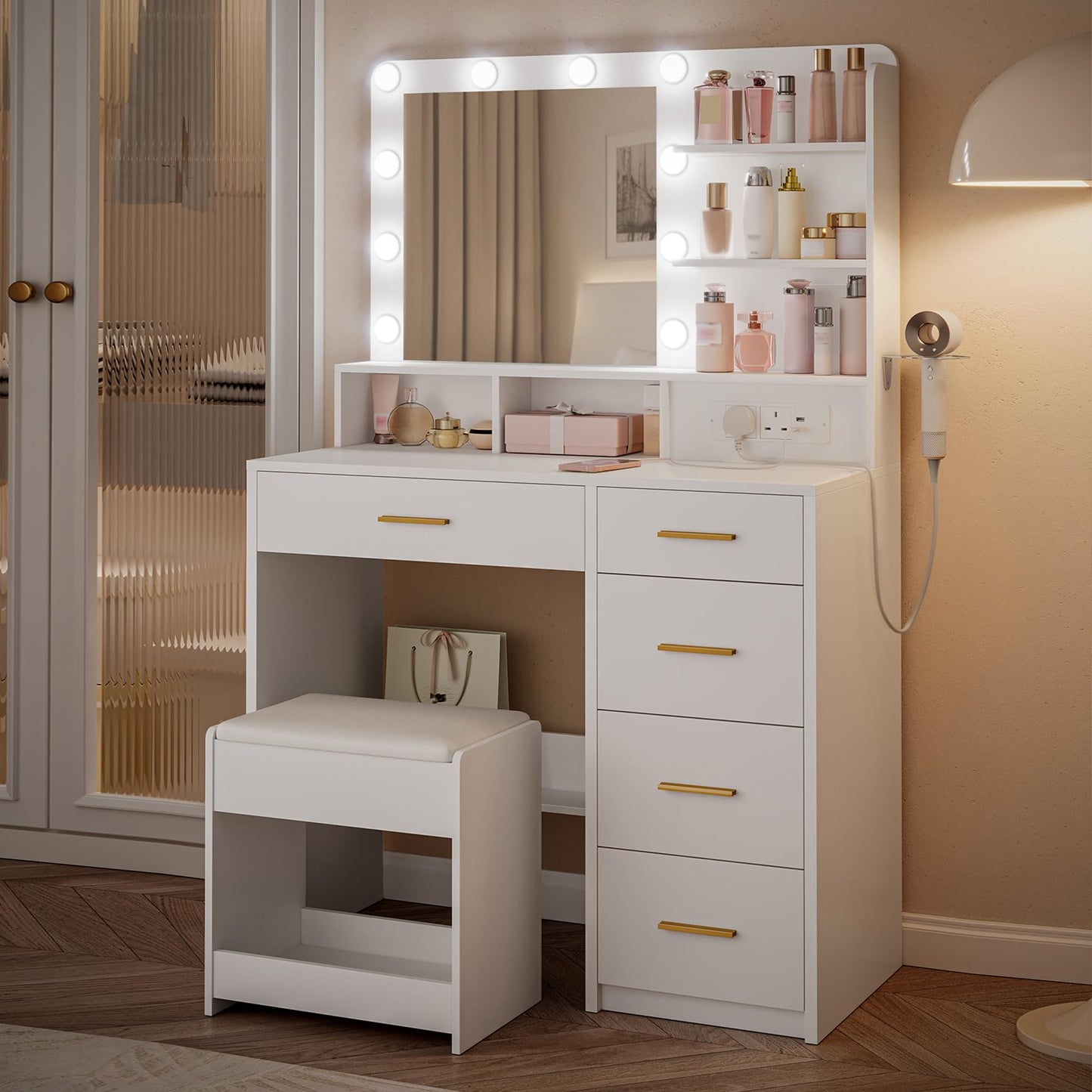 Dressing Table with Mirror & 3-Color LED Lights, 6 Storage Areas, Stool, White