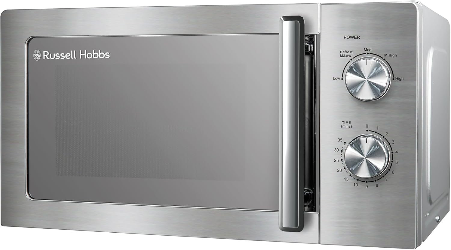 Russell Hobbs Stainless Steel Microwave 20 Litre 800W Solo Manual with 5 Power Levels, Defrost Function & Easy Clean, 35 Minute Timer, RHMM827SS