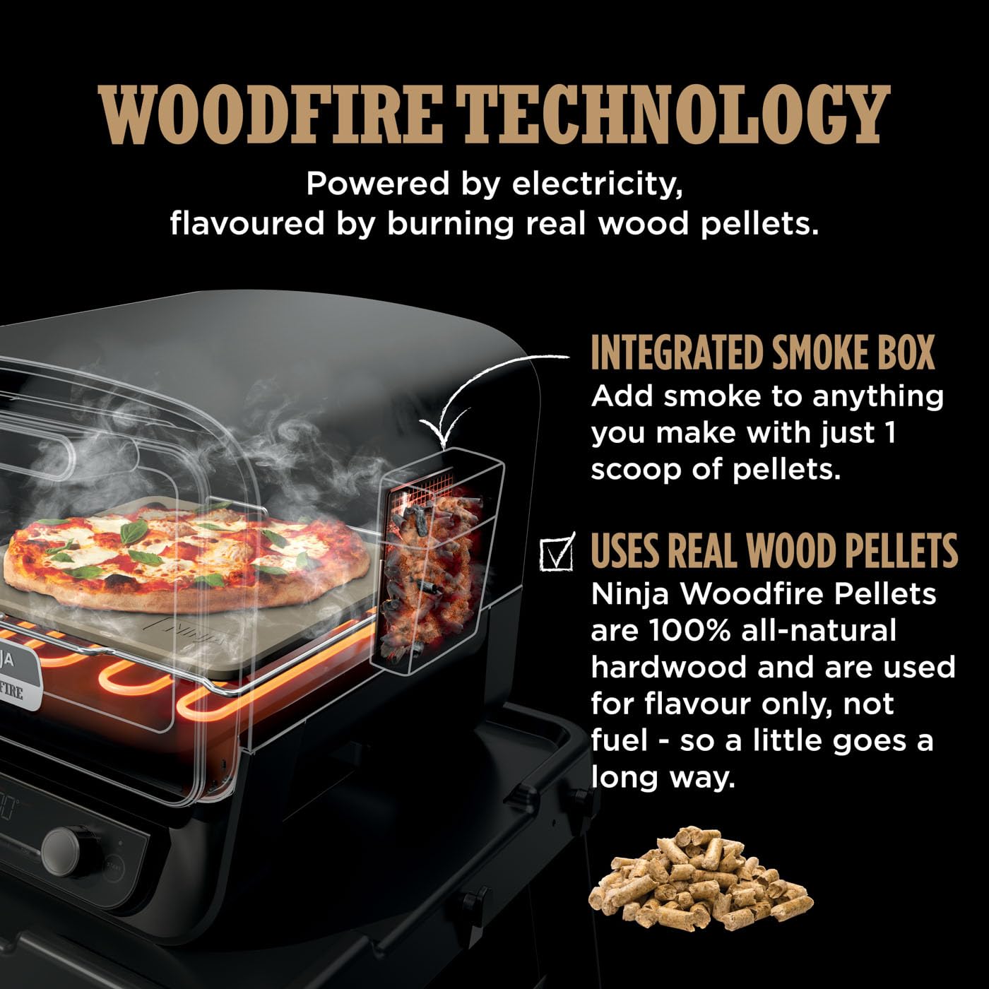 Ninja Woodfire Electric Outdoor Oven, 8-in-1 Pizza Oven, High-Heat Roaster & BBQ Smoker with Roast Rack, Pro-Heat Tray, Pizza Stone,Wood Pellets & Scoop, Electric,6 Pizza Settings,Burnt Orange OO101UK