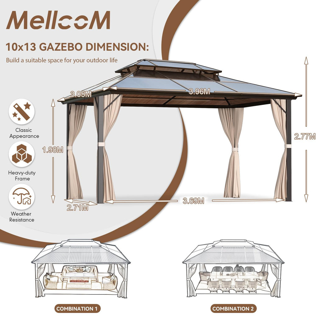 MELLCOM Hardtop Gazebo 4 X 3 m Outdoor Double Polycarbonate Roof Gazebo Garden Pavilion Canopy with Nettings, Curtains and Aluminum Frames for Patio, Backyard and Lawn