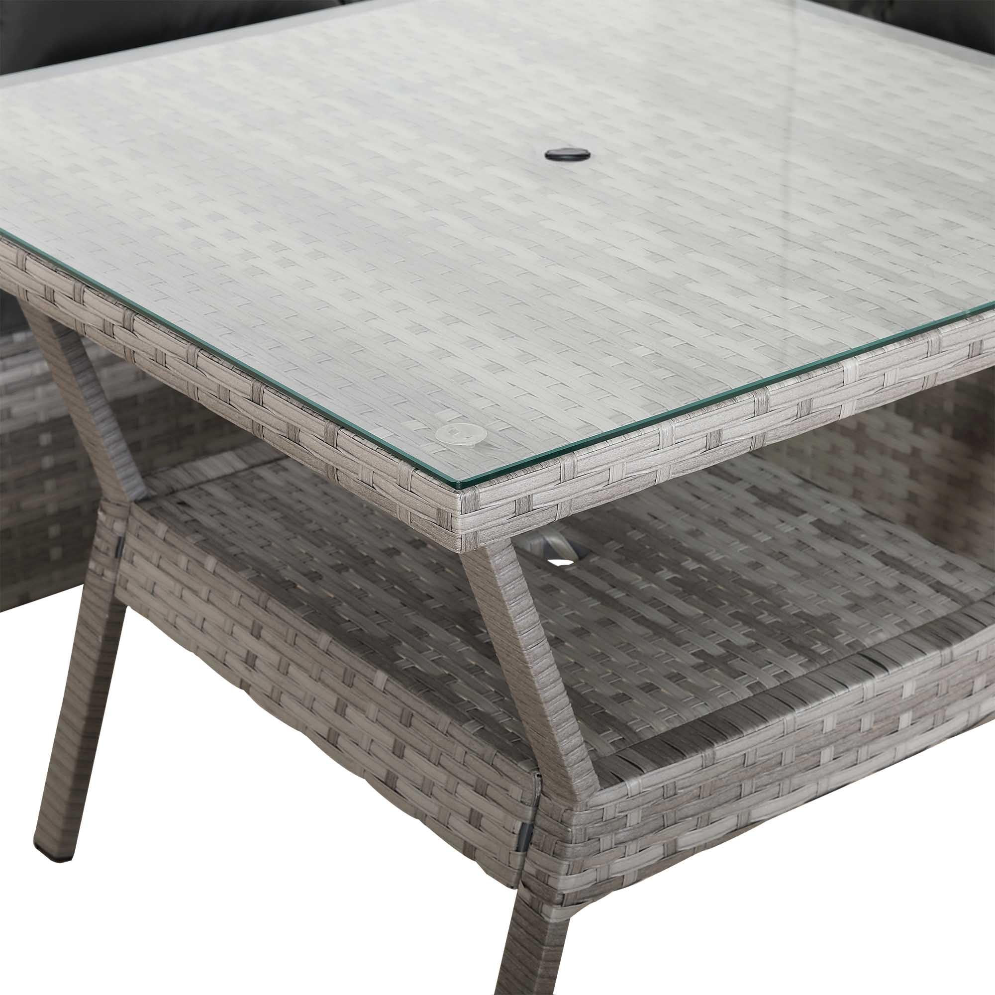 Spring Garden Bristol 9-Seater Rattan Garden Furniture Set with Parasol Hole & Cover,Flexible L-Shape Corner Sofa, 90cm Dining Table& 2 Benches - Free Rain Cover - Grey/Grey - All-Weather