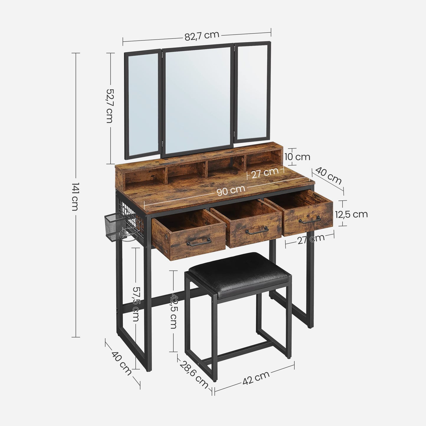 Dressing Table with Tri-Fold Mirror and Stool, 3 Drawers, Hair Dryer Holder, Industrial Rustic Brown & Black