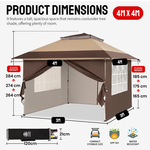 CROWN SHADES 4m x 4m Pop Up Gazebo with 4 Removable Side Panels, Double Roof Pop Up Party Canopy, Height-Adjustable Metal Frame Garden Shelter for Patio & Outdoor Events, Includes Carry Bag