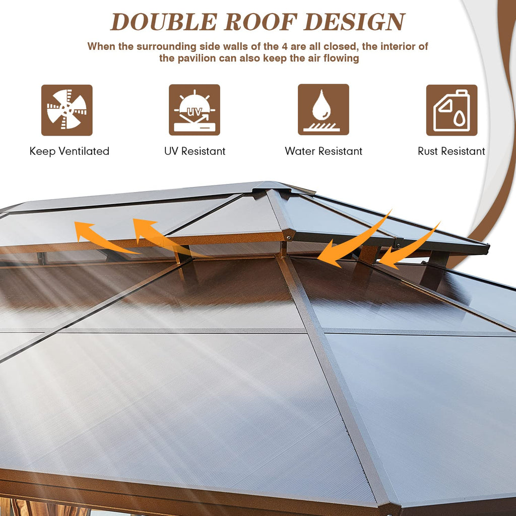 MELLCOM Hardtop Gazebo 4 X 3 m Outdoor Double Polycarbonate Roof Gazebo Garden Pavilion Canopy with Nettings, Curtains and Aluminum Frames for Patio, Backyard and Lawn