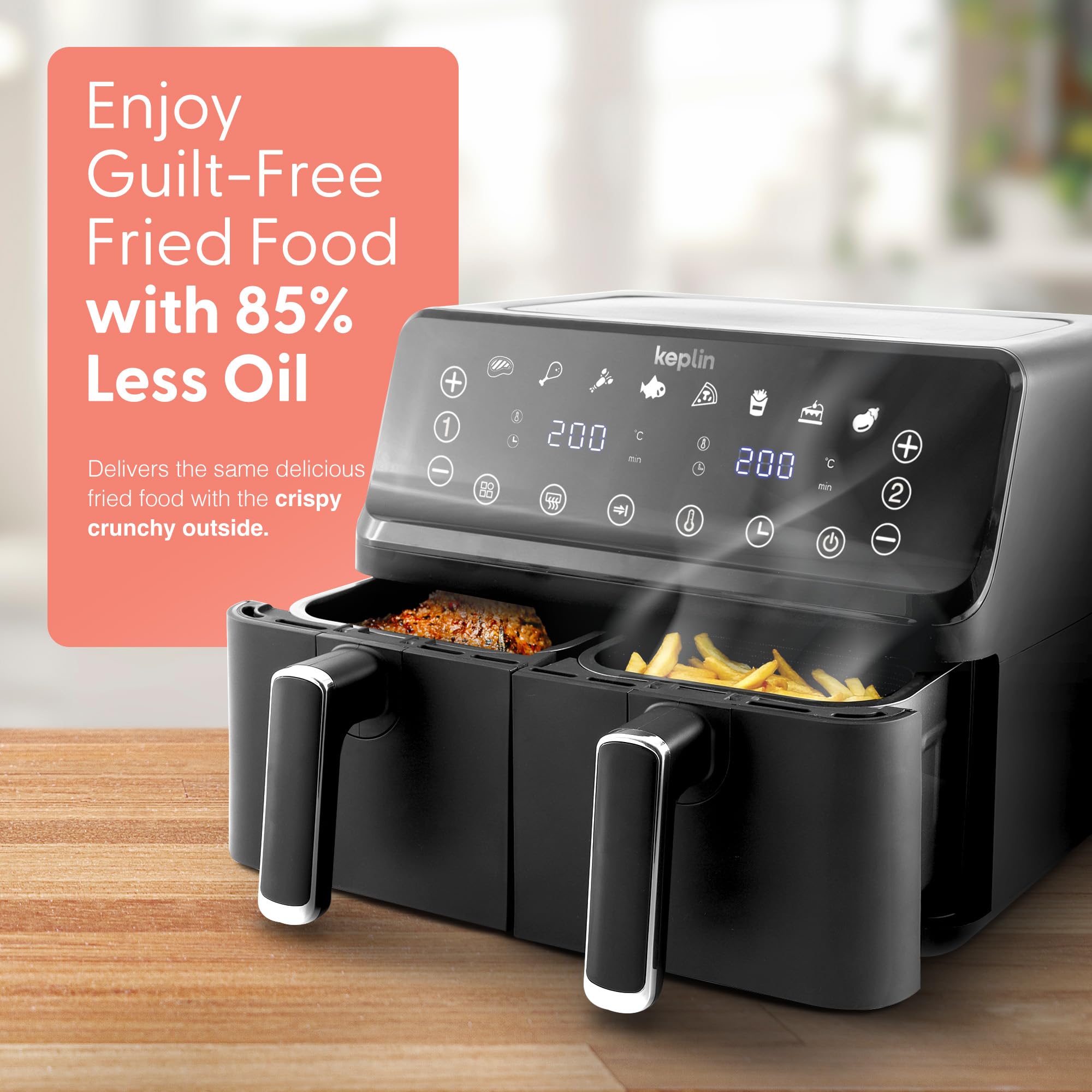 Keplin 9L Dual Zone Air Fryer - 8 in1 Cooking Functions - 2700W Energy-Saving Cooker - Extra-Large Capacity for Healthy Meals - Roast, Bake, Dehydrate, Reheat,- Family Size (9L)- 2 Years Warranty