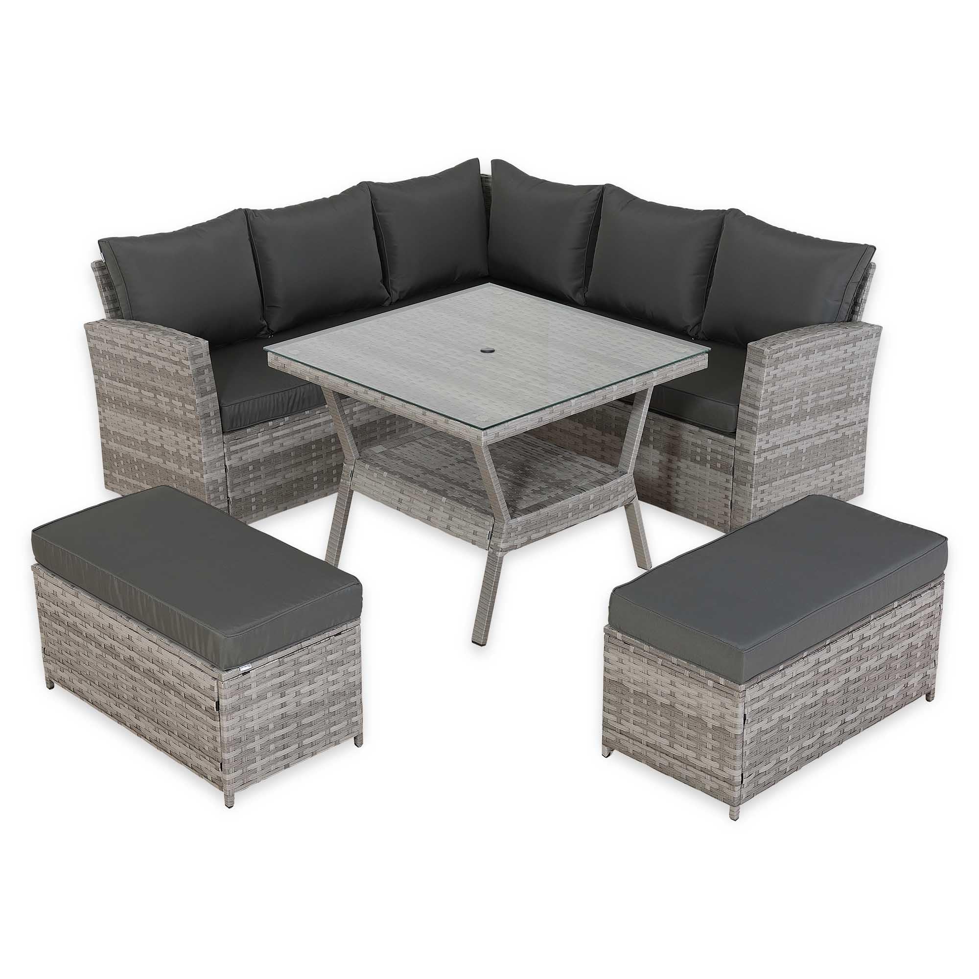 Spring Garden Bristol 9-Seater Rattan Garden Furniture Set with Parasol Hole & Cover,Flexible L-Shape Corner Sofa, 90cm Dining Table& 2 Benches - Free Rain Cover - Grey/Grey - All-Weather