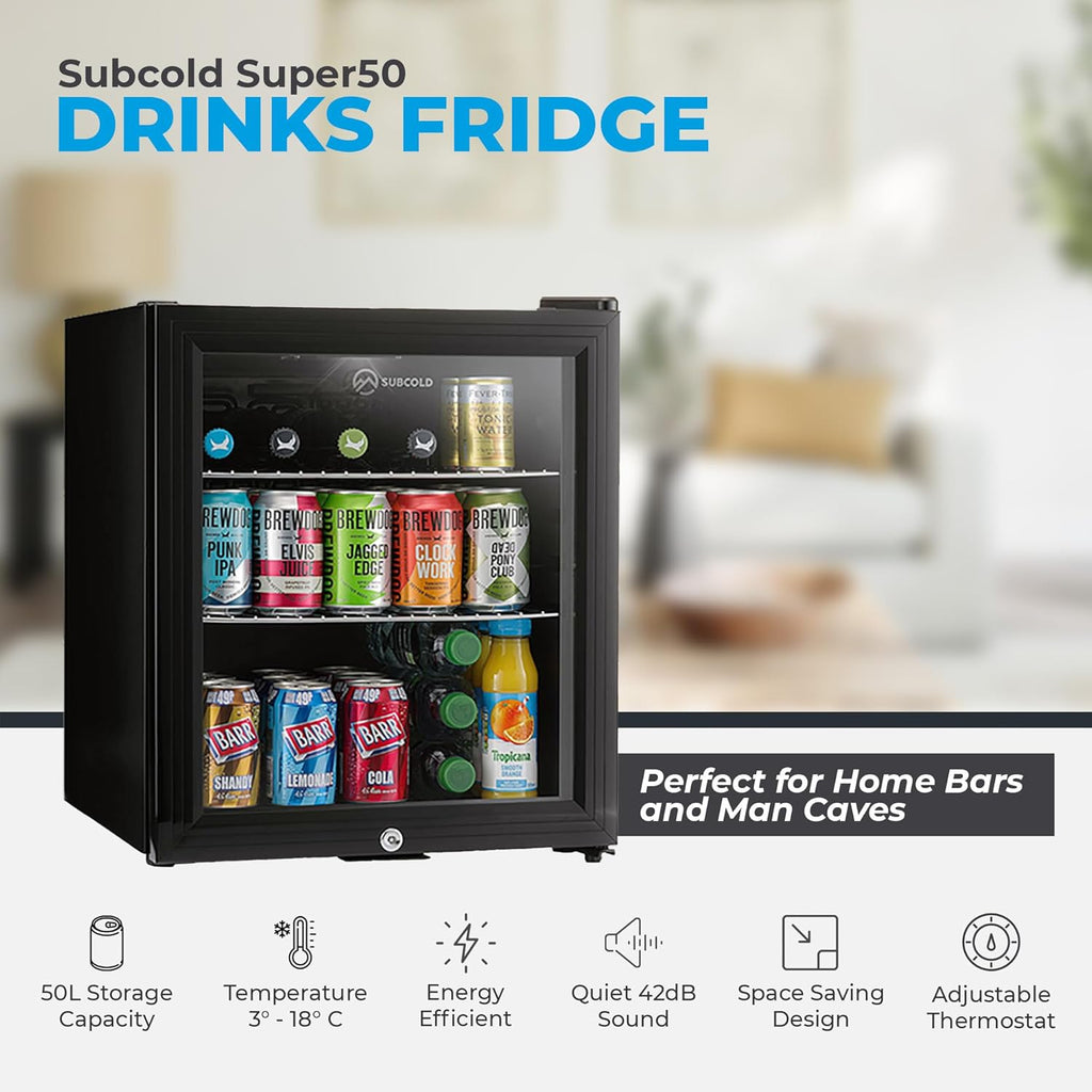 Subcold Super50 LED – Mini Fridge Black | 50L Beer, Wine & Drinks Fridge | LED Light + Lock & Key | Energy Efficient (Black) [Energy Class E]