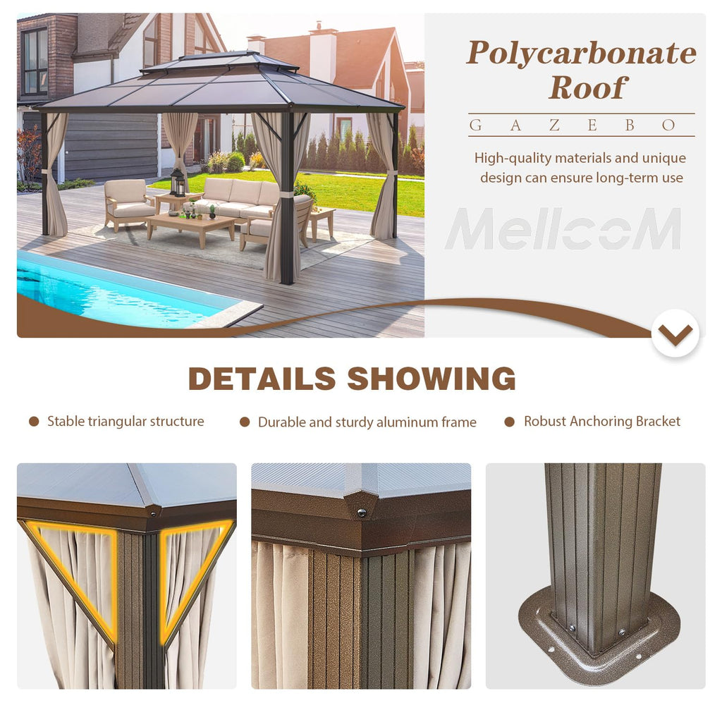 MELLCOM Hardtop Gazebo 4 X 3 m Outdoor Double Polycarbonate Roof Gazebo Garden Pavilion Canopy with Nettings, Curtains and Aluminum Frames for Patio, Backyard and Lawn