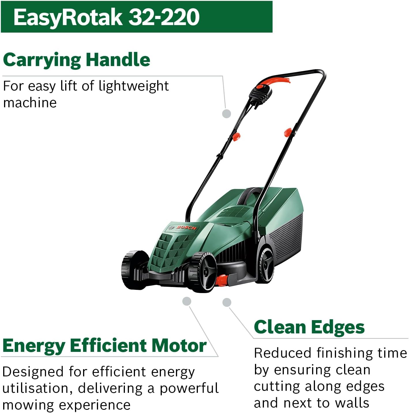 Bosch Corded Lawnmower EasyRotak 32-220 (1200 W Motor Power, Cutting Width: 32 cm, 31-Litre Grass Box, Extra 32cm Sharp Blade, Suitable for Quick and Easy Mowing with Tidy Edges) - Amazon Exclusive