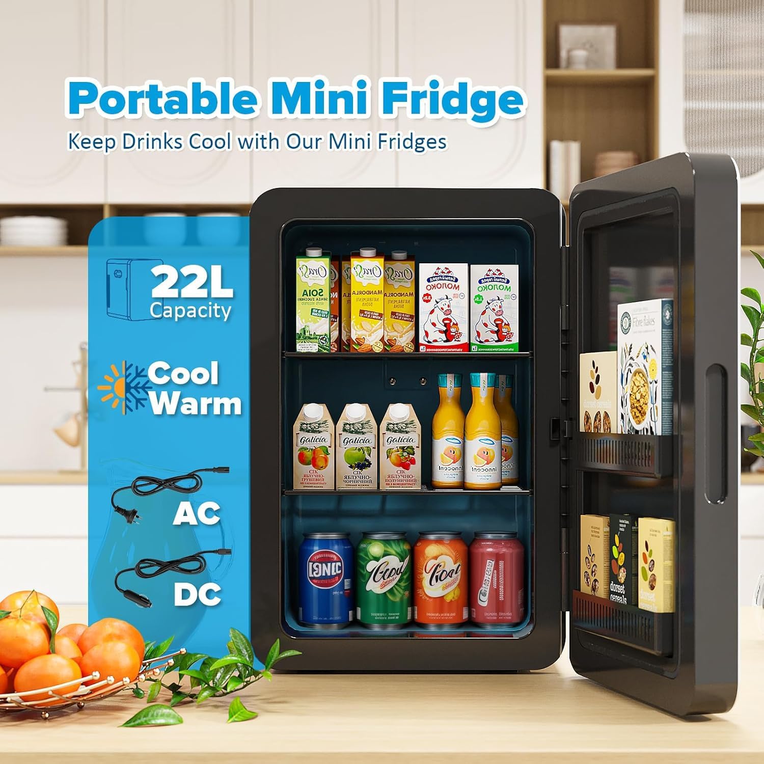 MoraRise Mini Fridge 22L/30 Cans Portable Cooler & Warmer Mini Fridge for Bedrooms with Adjustable Shelves, AC+12V DC Small Fridges for Office, Car, Travel,Home, Skincare, Drinks & Cosmetics (Black)