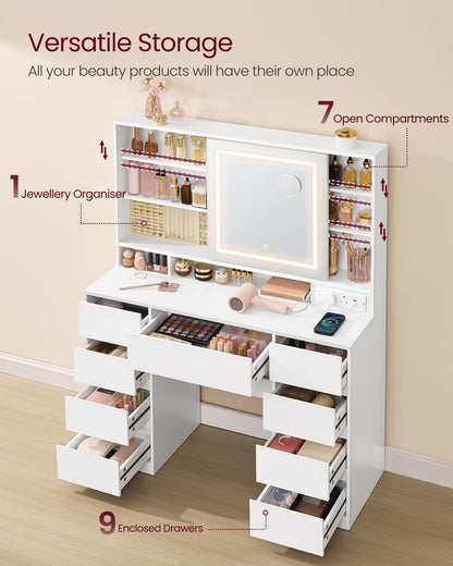 Dressing Table with LED Mirror & 10x Magnifying Mirror, 9 Drawers, Power Outlets, Cloud White