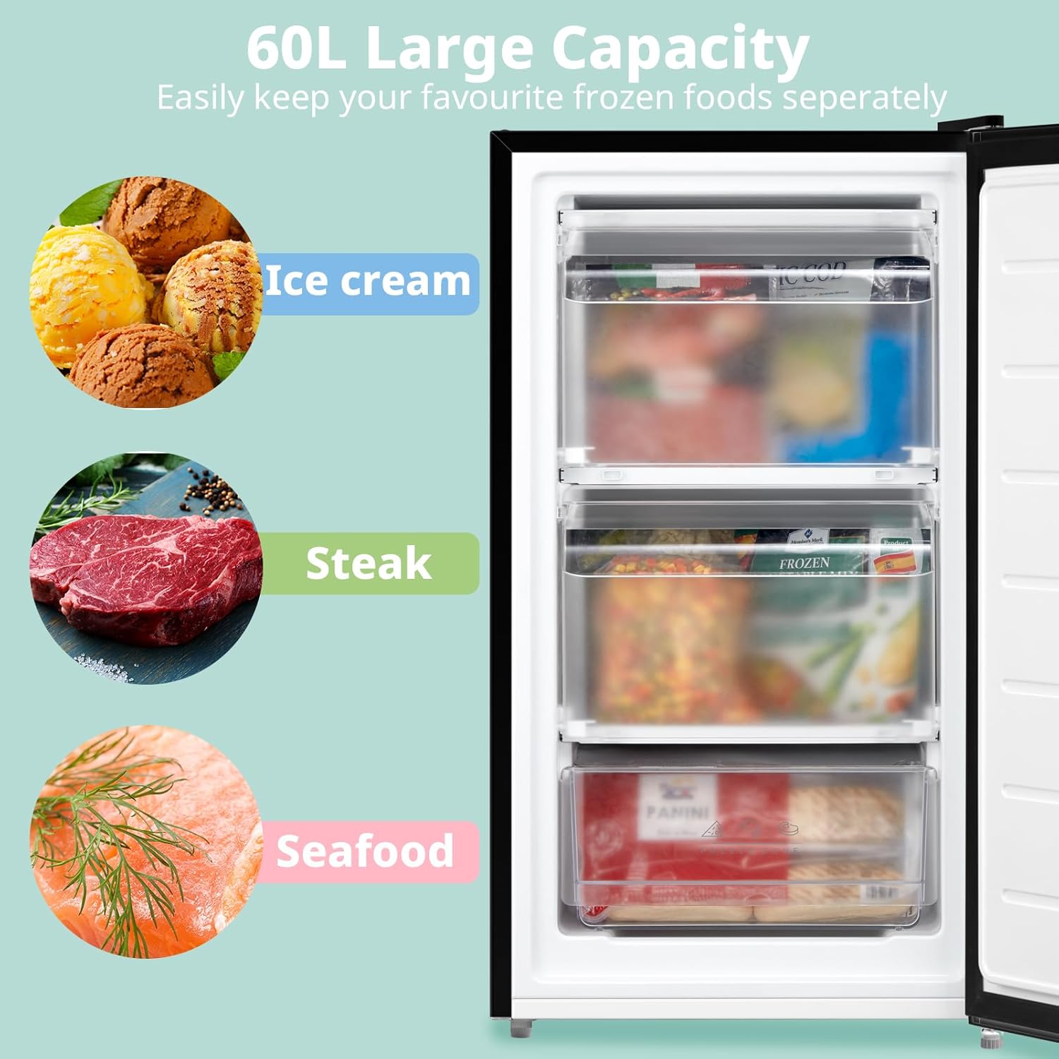 COMFEE' RCU60BL2UK(E) 60 Litre Freestanding Under Counter, 48cm Upright Freezer Adjustable Thermostat, Reversible Door, 4 Star Freezer Rating Drawer, Black [Energy Class E]