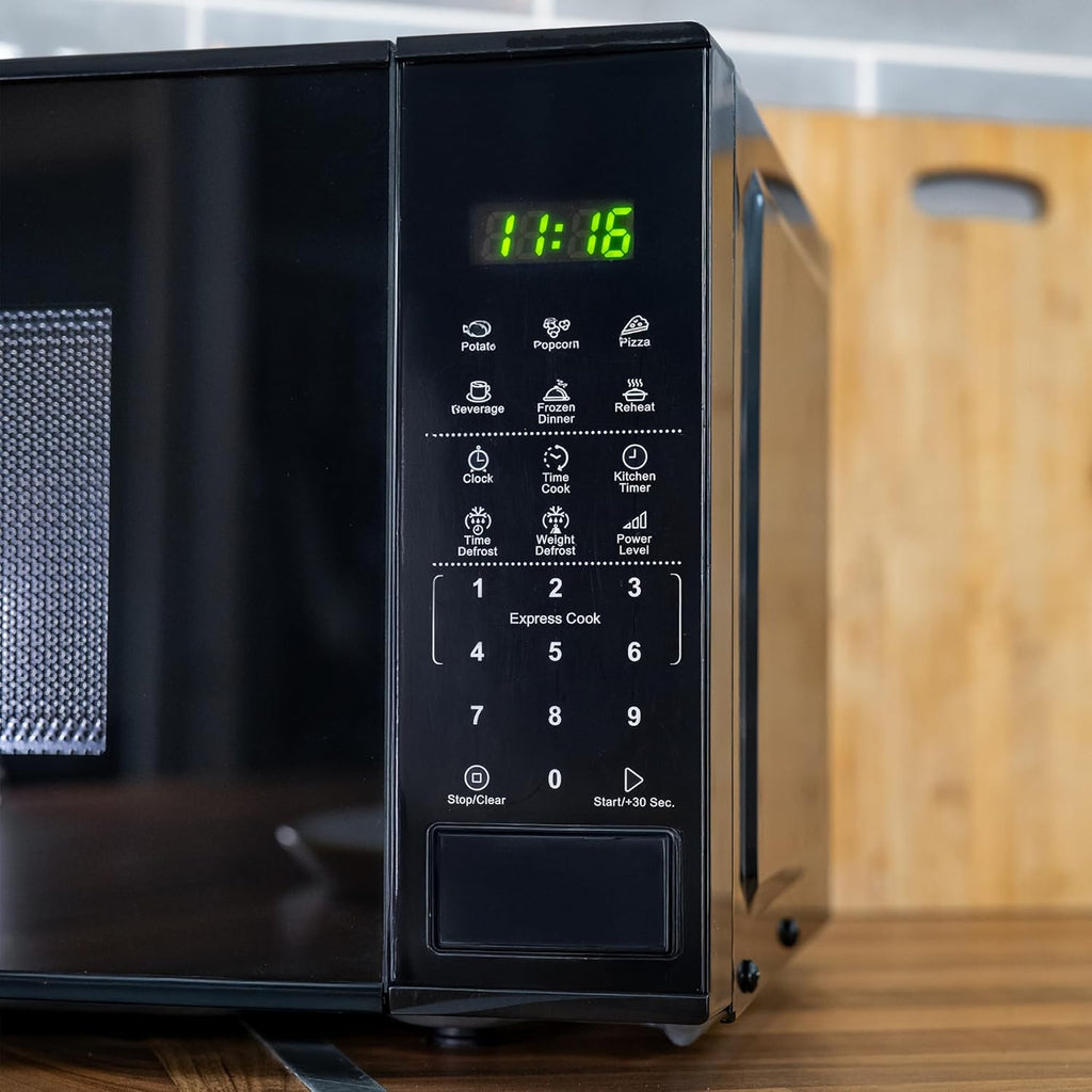 Hyundai 800W 20L Black Digital Microwave, Stainless Steel Interior, 11 Power Levels, Automatic Defrost, 6 Auto Cook Modes, Clock and Timer, Digital Controls, Easy Clean & Child Lock