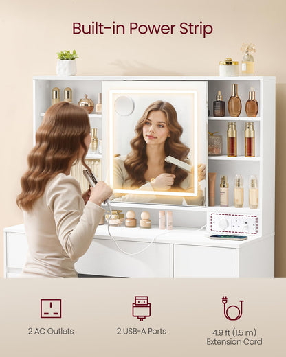Dressing Table with LED Mirror & 10x Magnifying Mirror, 9 Drawers, Power Outlets, Cloud White