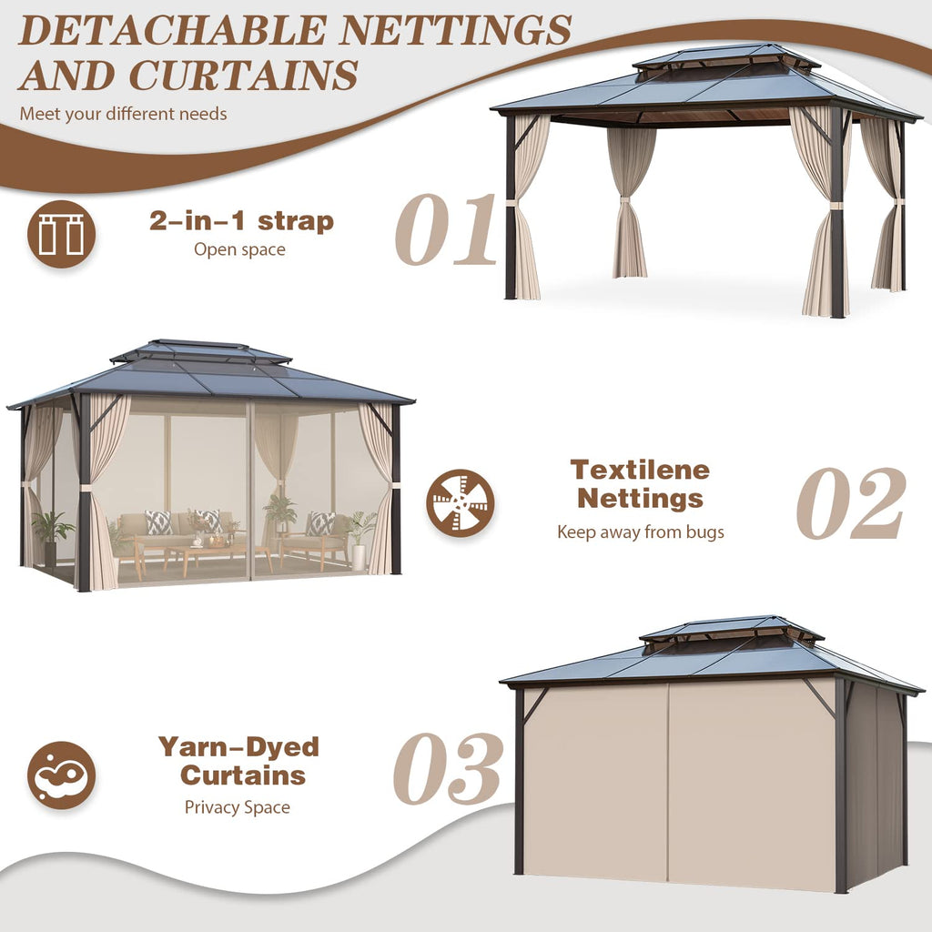 MELLCOM Hardtop Gazebo 4 X 3 m Outdoor Double Polycarbonate Roof Gazebo Garden Pavilion Canopy with Nettings, Curtains and Aluminum Frames for Patio, Backyard and Lawn