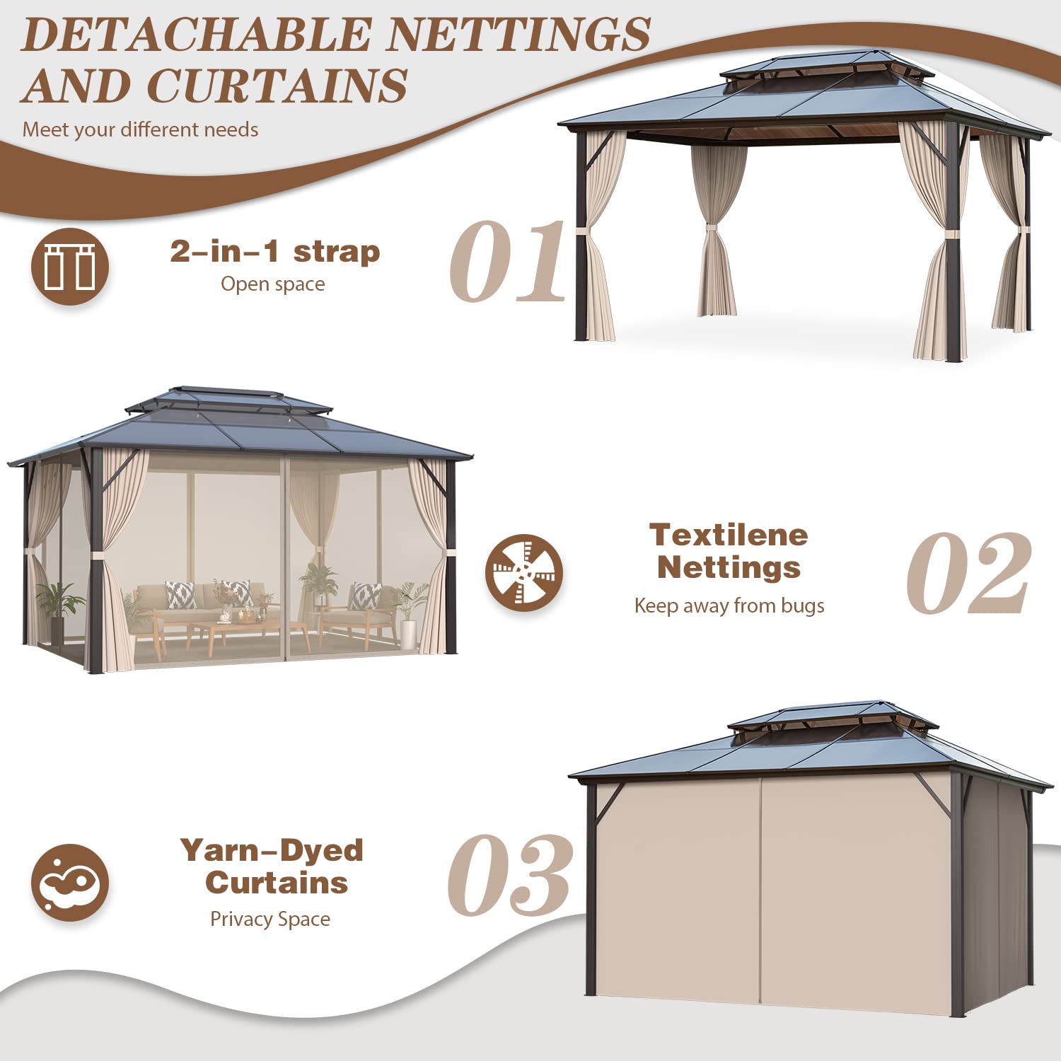 MELLCOM Hardtop Gazebo 4 X 3 m Outdoor Double Polycarbonate Roof Gazebo Garden Pavilion Canopy with Nettings, Curtains and Aluminum Frames for Patio, Backyard and Lawn