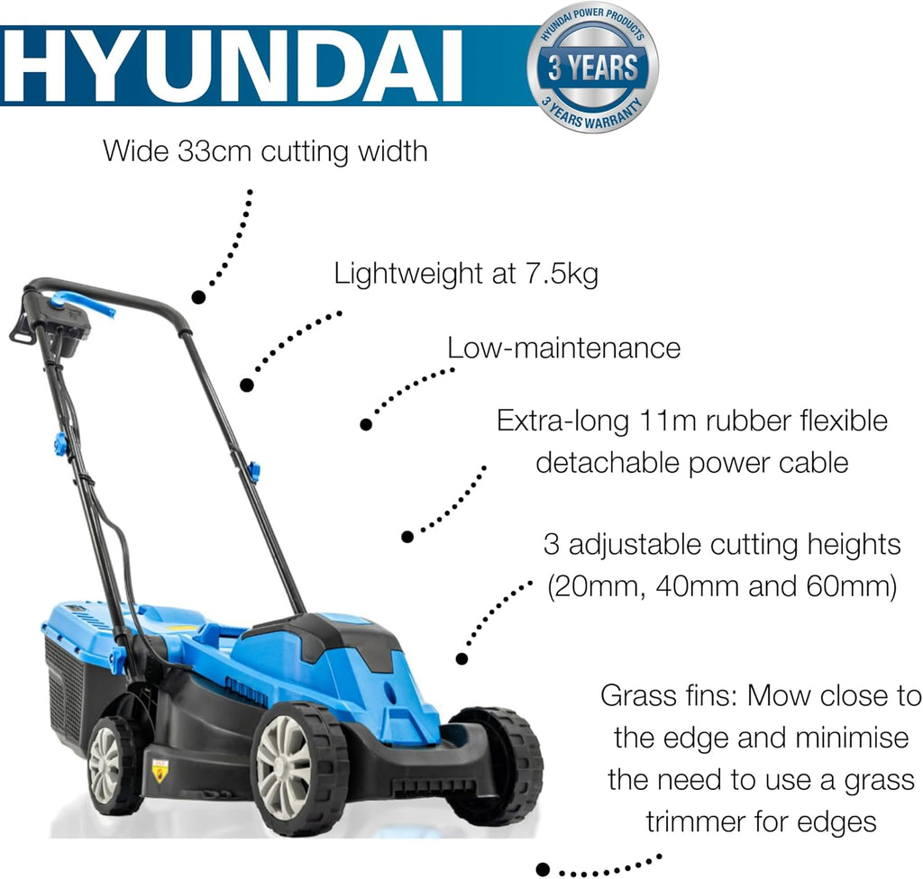 Hyundai 1300W Electric Lawn Mower – 33cm Lightweight Corded Lawnmower, 30L Grass Box, Foldable Handle, 3 Cutting Heights, Ideal for Small Gardens - 3 Year Warranty