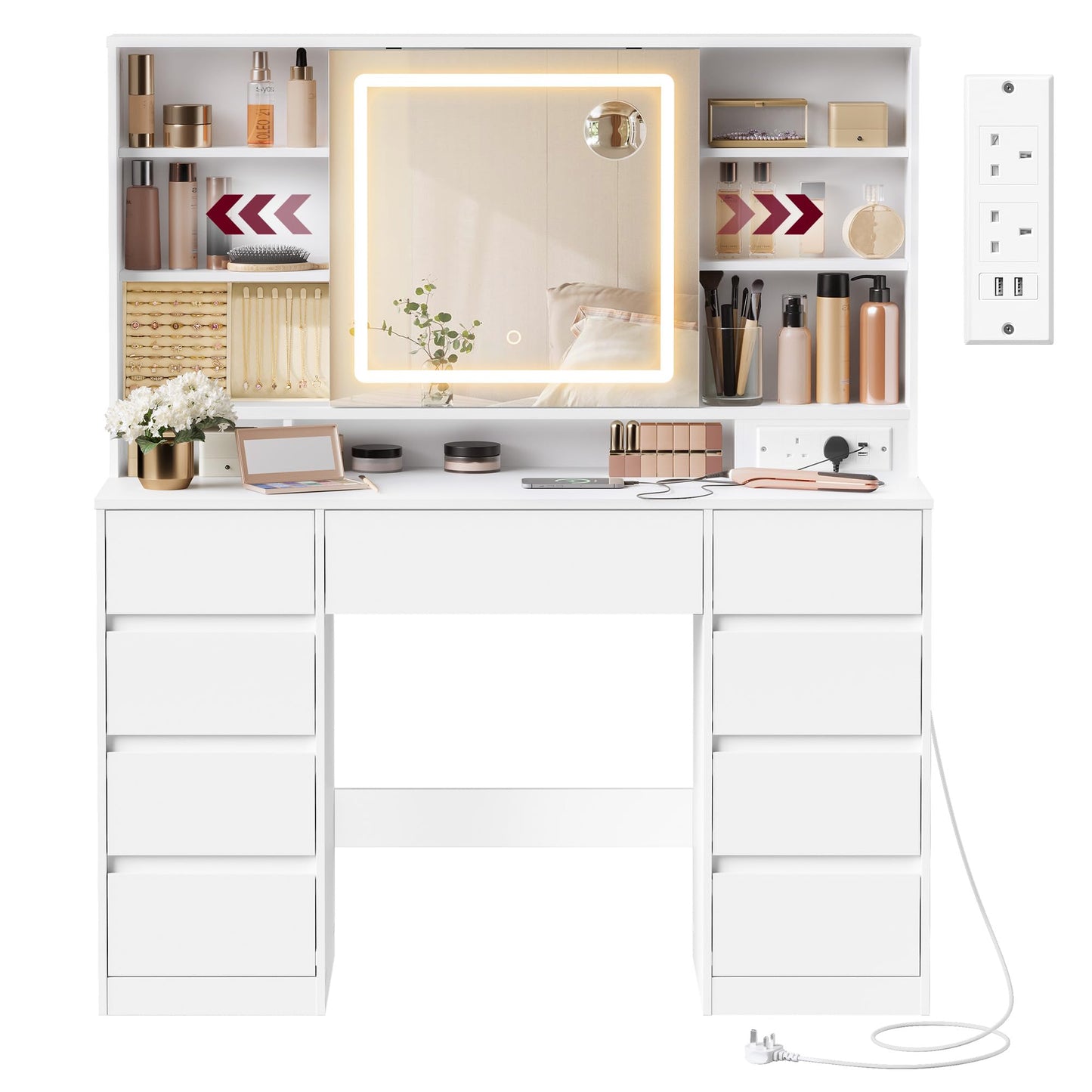 Dressing Table with LED Mirror & 10x Magnifying Mirror, 9 Drawers, Power Outlets, Cloud White