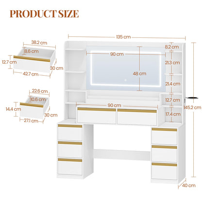 Dressing Table with Mirror & LED Lights, 8 Drawers, Makeup Vanity Desk, White-Gold