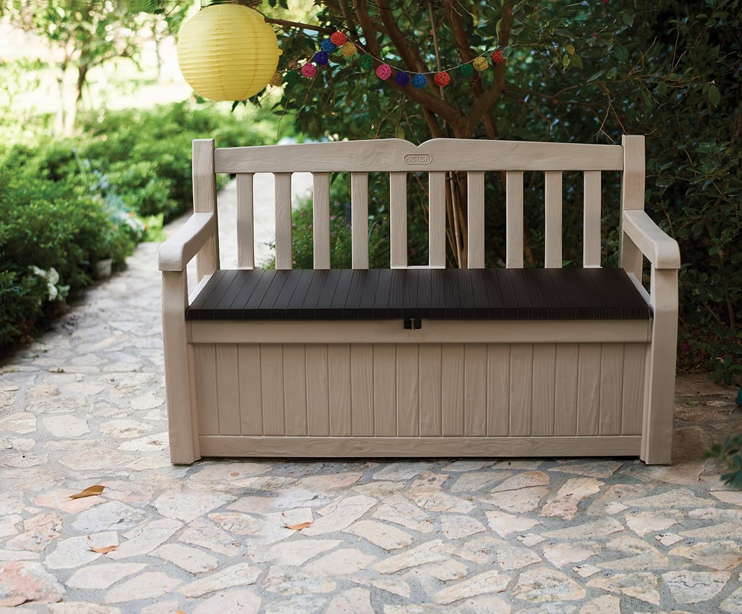 Keter Eden Bench 265L Outdoor 60% recycled Garden Furniture Storage Box Beige & Brown Wood Panel Effect | Fade Free | All Weather Resistant | Safe and Secure | Zero Maintenance | 2 year Warranty