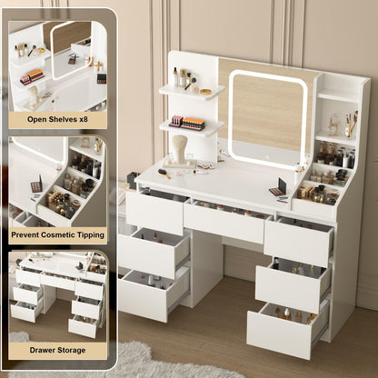 Dressing Table with Large Lighted Mirror, 7 Drawers, 4 Shelves & 3 Open Compartments, Modern White Vanity Desk