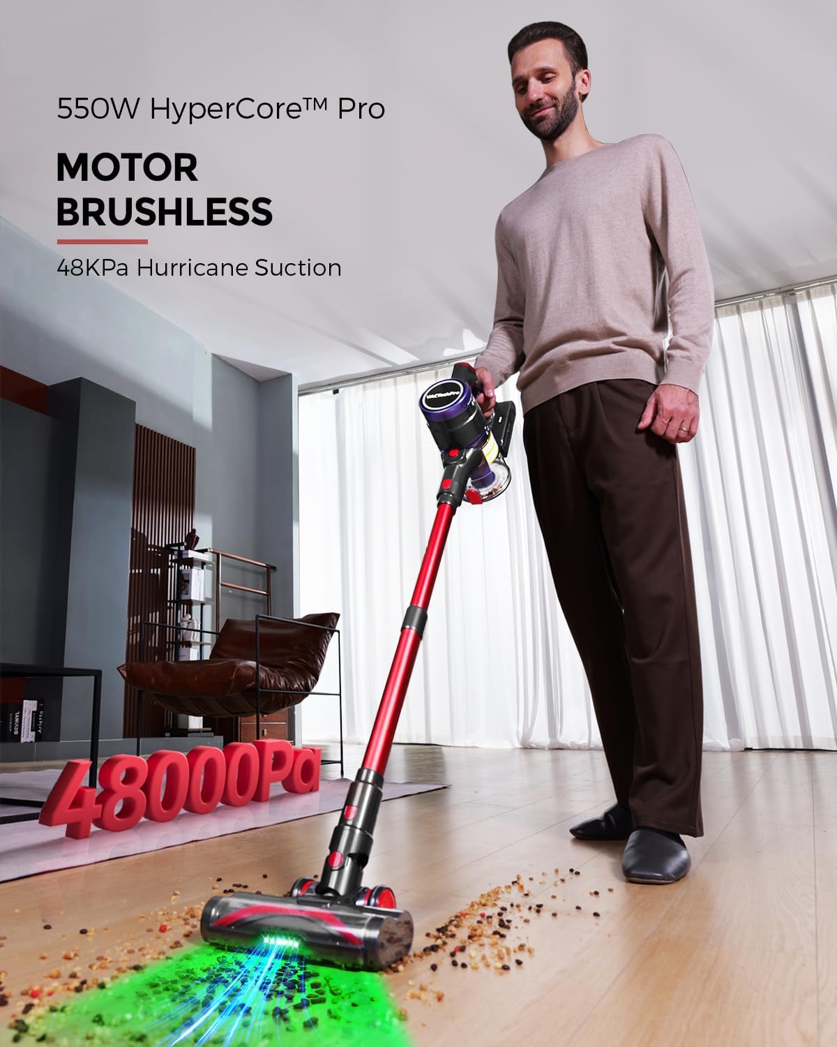 VACTechPro Ultra Cordless Vacuum Cleaner, 48KPA/550W/70min Stick Vacuum with 1.5L Dustbin, Wall-mounted Charging/Removable Battery, Anti-Tangled Handheld Vacuum for Hard Floors Carpet Car Pet Hair