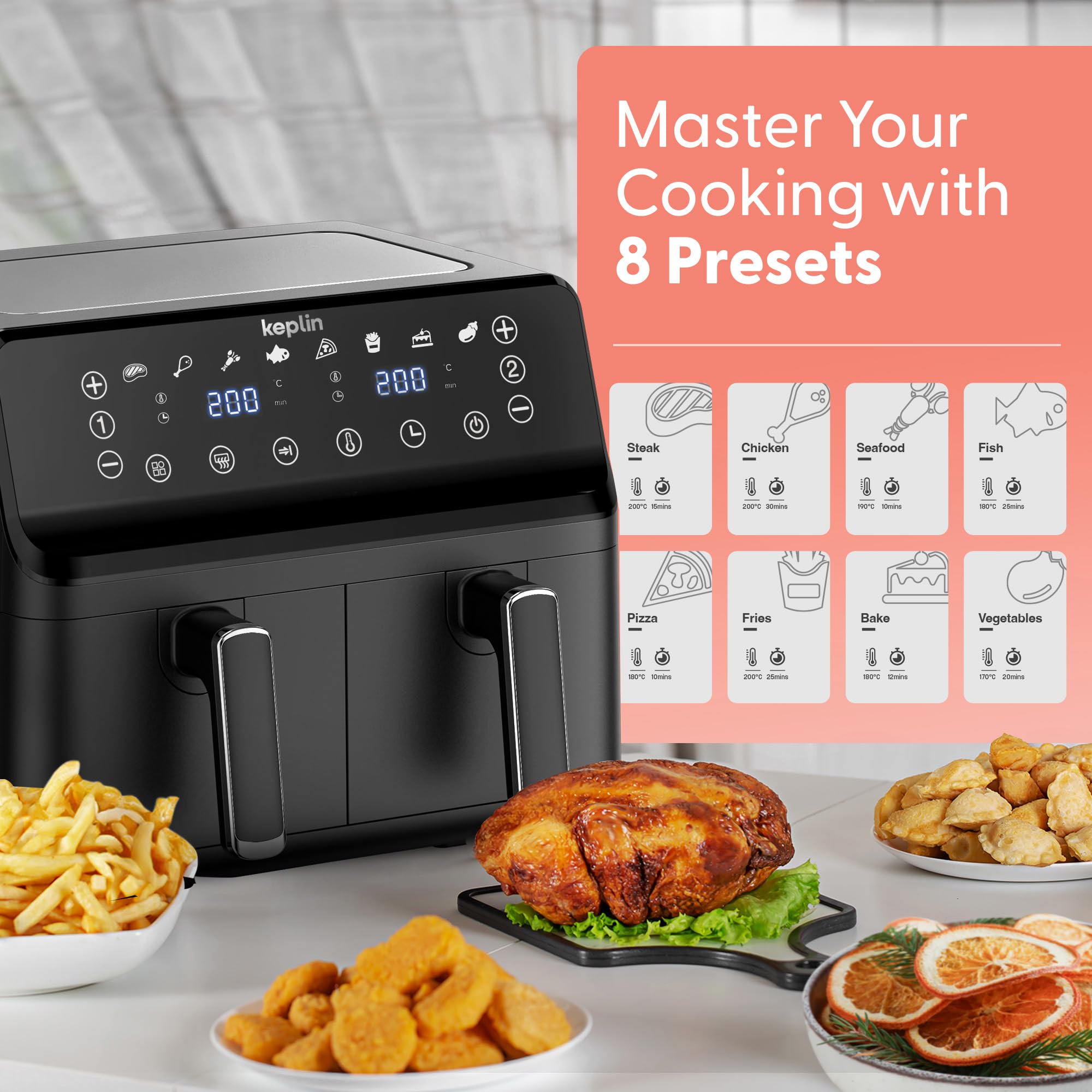Keplin 9L Dual Zone Air Fryer - 8 in1 Cooking Functions - 2700W Energy-Saving Cooker - Extra-Large Capacity for Healthy Meals - Roast, Bake, Dehydrate, Reheat,- Family Size (9L)- 2 Years Warranty
