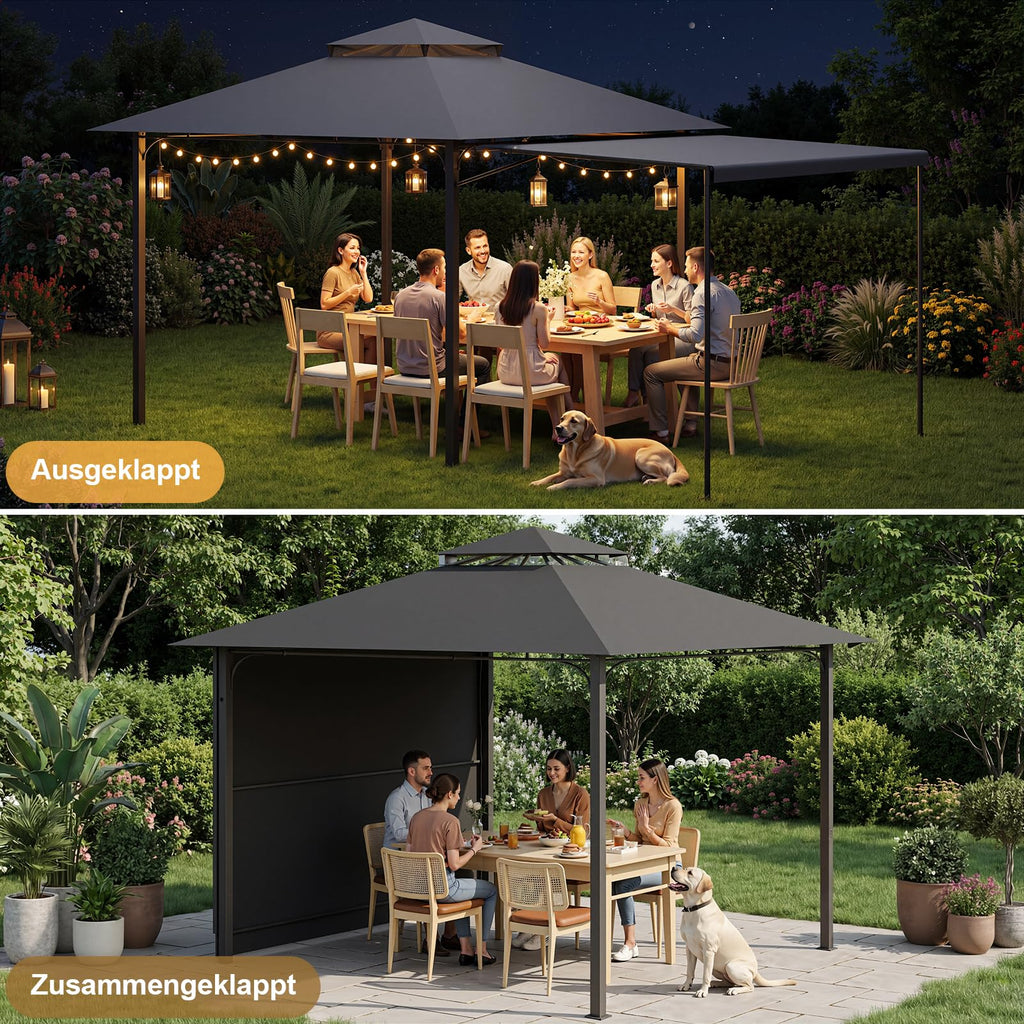 Devoko Expandable Gazebo 3x3m to 3x6m, Waterproof & UV50+ Canopy, Heavy Duty Steel Frame, with Mosquito Screens, for Garden, Patio, BBQ Parties – Grey
