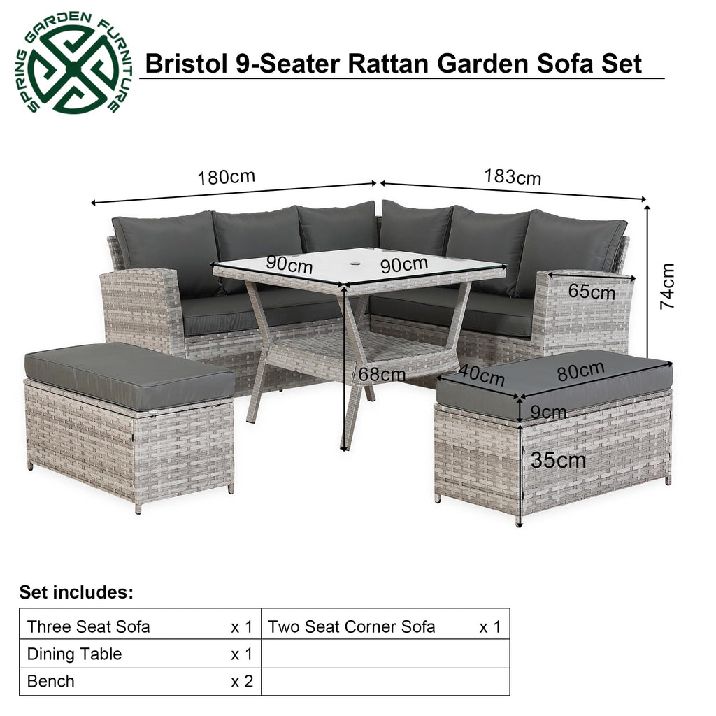 Spring Garden Bristol 9-Seater Rattan Garden Furniture Set with Parasol Hole & Cover,Flexible L-Shape Corner Sofa, 90cm Dining Table& 2 Benches - Free Rain Cover - Grey/Grey - All-Weather