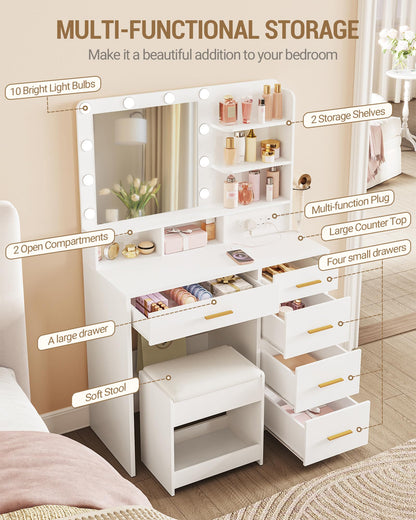 Dressing Table with Mirror & 3-Color LED Lights, 6 Storage Areas, Stool, White