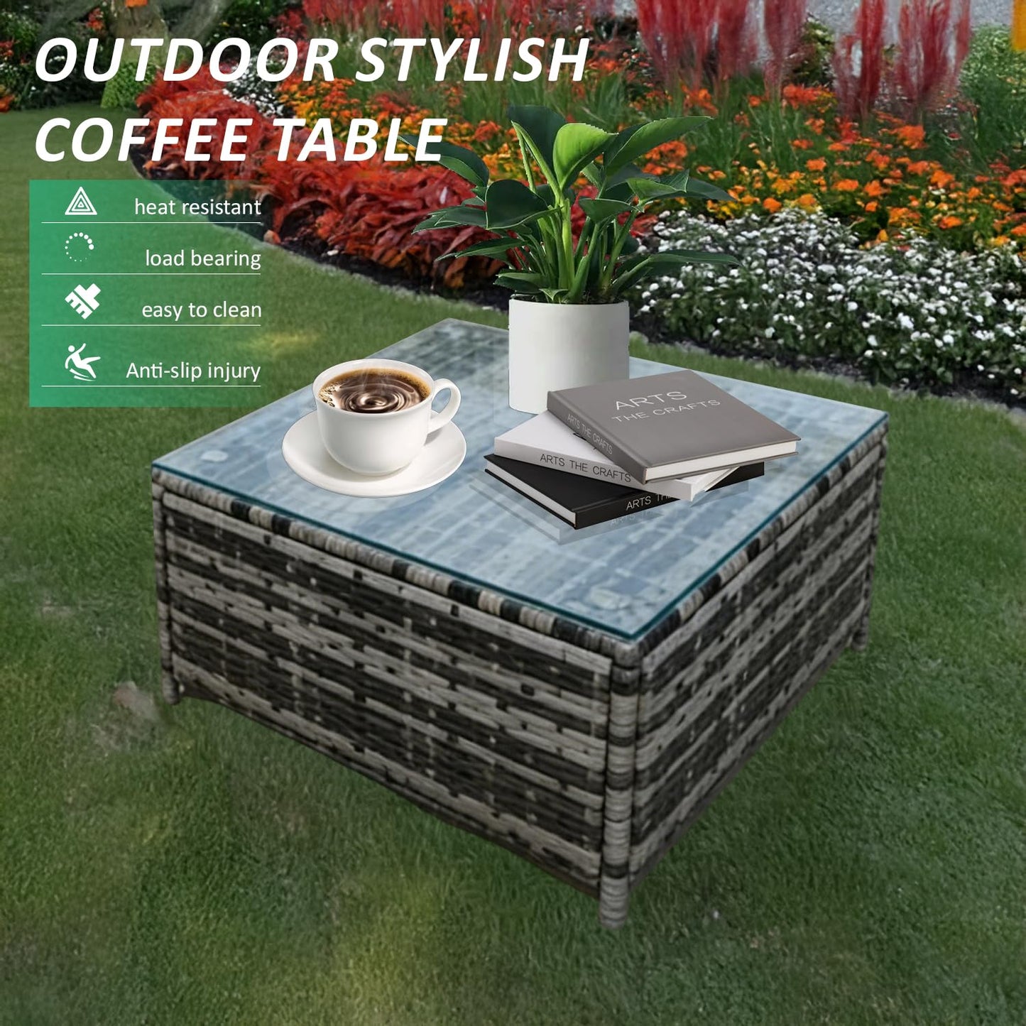 4 Seater Rattan Garden Corner Sofa Set with Ottoman & Glass Coffee Table Grey